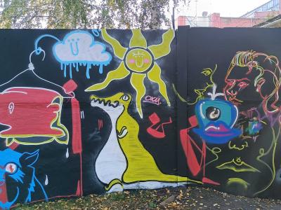 Collective Composition on Black Background — Street art in Rīga
