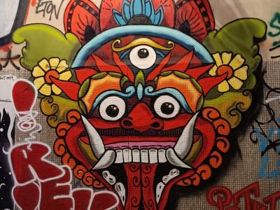 Colorful Balinese Demon Mask — Street art in Paris