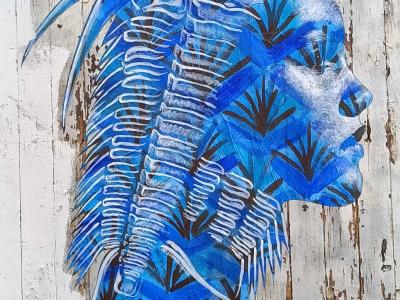 Blue Portrait with Crustacean Headdress by Seb Bouchard — Street art by Seb Bouchard in Nantes