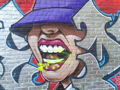 Bouche hurlante à la casquette violette — Street art à Rennes