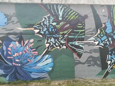 Giant Butterflies and Blue Flowers — Street art in Prague