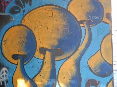 Blue and Gold Bubble Letters — Street art in Rīga