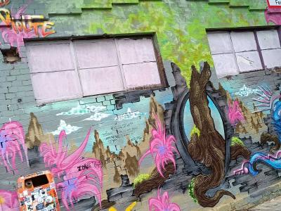 Fantastical Landscape with Pink Plants — Street art in Berlin