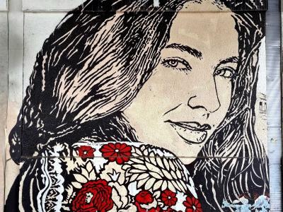 Portrait of Woman with Red Flowers — Street art in Grenoble