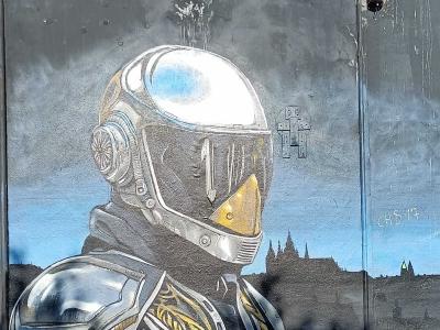 Space Knight over Prague — Street art by YBR in Prague