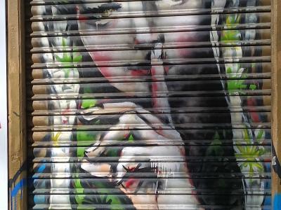 Portrait of Woman with Finger to Lips — Street art in Madrid