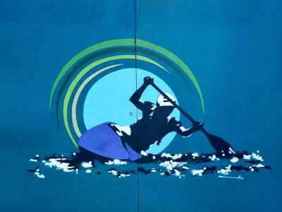 The Kayaker in the Rapids — Street art in Vallon-Pont-d'Arc
