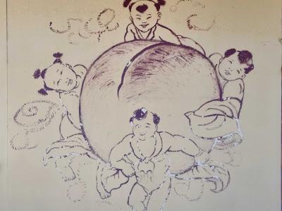 Dessin enfants jouant monochrome violet — Street art à Le Pont-de-Claix