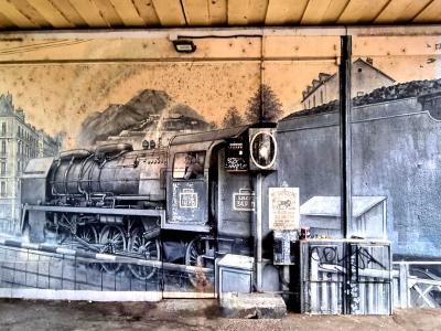 Locomotive vapeur sous un pont — Street art à Grenoble