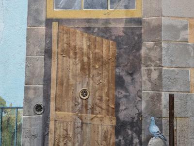 Trompe-l'Œil Stone Door with Pigeon — Street art in Clermont-Ferrand