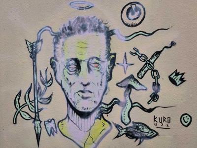 Portrait mystique surréaliste de Kuro — Street art à Clermont-Ferrand