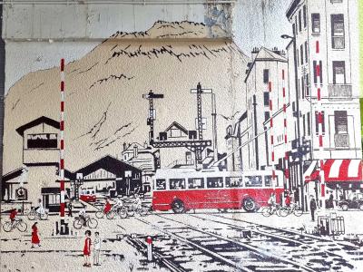 Vintage Urban Scene with Red Tram — Street art in Grenoble