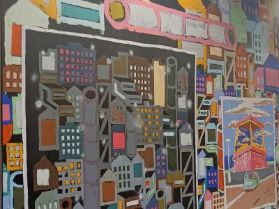 Panorama urbain naïf vue du ciel — Street art à Prague