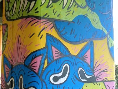 Stacked Blue and Green Monster Cats — Street art in Rīga