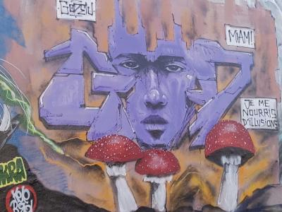 Lettres violettes et champignons, par Godelu — Street art de Godelu à Nantes