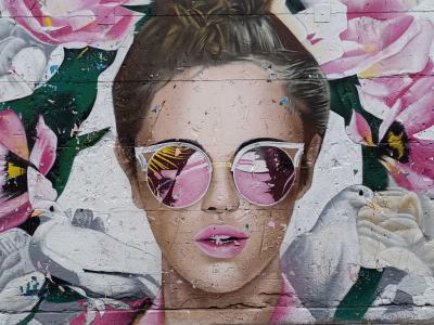 Female Portrait with Pink Sunglasses and Flowers — Street art by Elgee in Berlin
