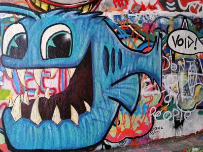 Blue Creature and Tags — Street art in London