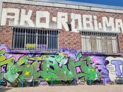 Graff vert wildstyle sur bâtiment industriel — Street art à Strasbourg