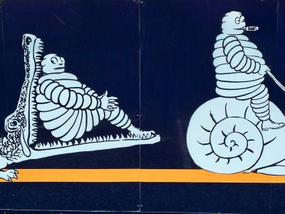 Bibendums Riding Crocodile and Snail — Street art in Clermont-Ferrand