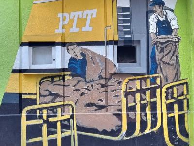 Postal Workers and Yellow PTT Truck — Street art in Grenoble