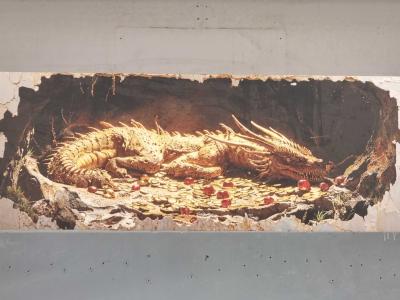 Dragon gardien d'un trésor — trompe-l'œil — Street art à Clermont-Ferrand