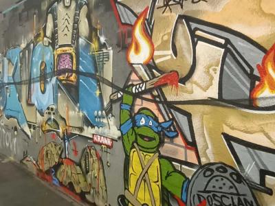 Ninja Turtle Leonardo and Flaming Graffiti — Street art in Prague