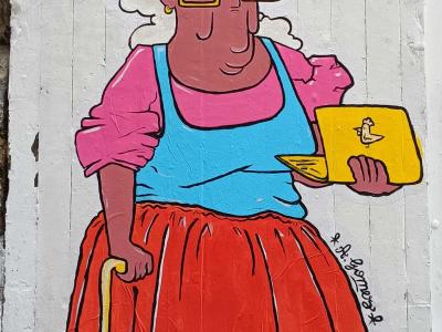 Colorful Granny with a Tablet — Street art in Nantes