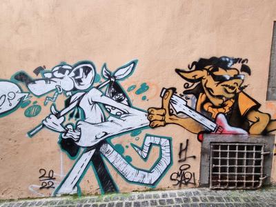 Humorous Cartoon Character Duo — Street art in Clermont-Ferrand