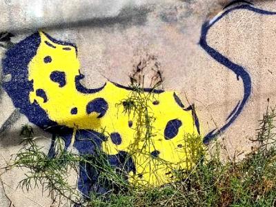 Chenille jaune minimaliste — Street art à Strasbourg