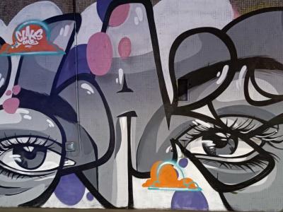 Yeux dans le wildstyle gris et rose — Street art à Paris
