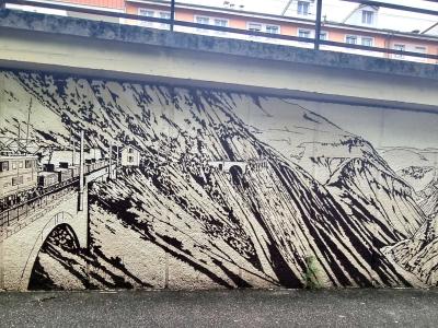 Train on Alpine Viaduct in Black and White — Street art in Grenoble