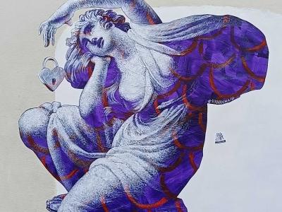 Poetic Female Figure with Geometric Patterns — Street art by Seb Bouchard in Nantes