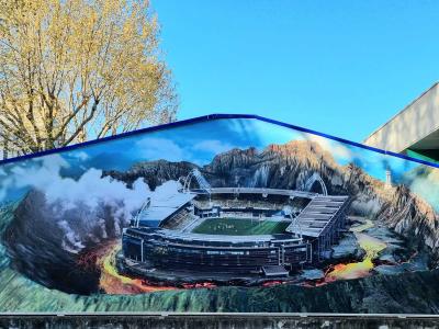 ASM Stadium Rising from Volcano — Street art in Clermont-Ferrand