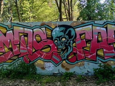 Le crâne bleu entre deux lettrages — Street art à Nantes