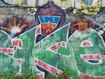 Masked Face over Green Letters — Street art in Grenoble