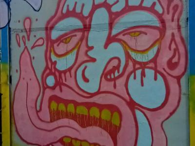 Dripping Grotesque Face in Pink — Street art in Rīga