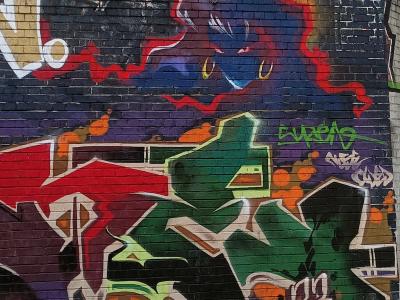 Purple Cat Head and Wildstyle — Street art in London