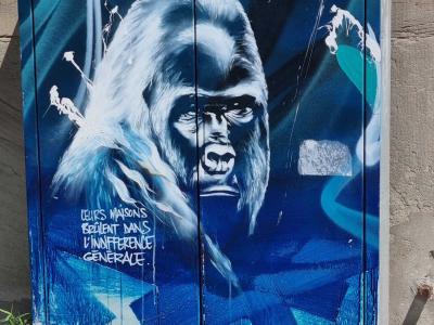 Portrait primate blanc bleu — Street art de Dan23 à Strasbourg