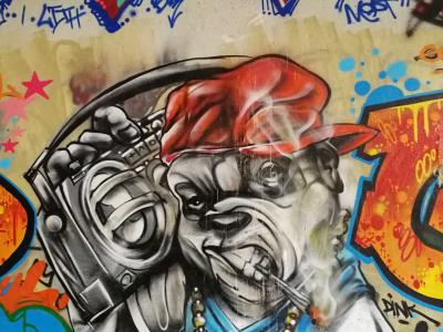 Hip-Hop Bulldog with Boombox — Street art in Paris