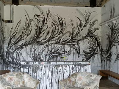 Abstract Black Vegetation in Abandoned Interior — Street art by Juli Jah in Berlin