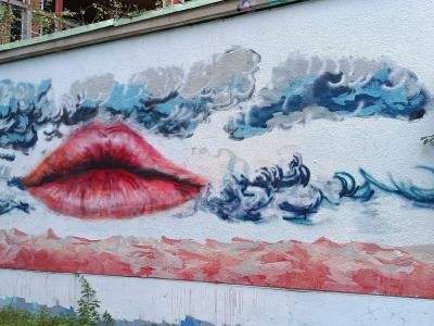 Red Lips and Clouds, Surrealist Composition — Street art in Berlin