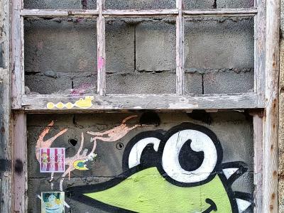 Monstre vert sous la fenêtre brisée — Street art à Porto