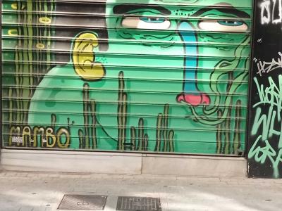 Manbo Green Alien with Space Sombrero — Street art in Athina