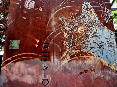 Chat gravé sur métal rouillé — Street art de C215 à Grenoble