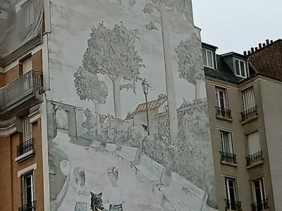 Park Scene in Grisaille — Street art in Saint-Ouen-sur-Seine