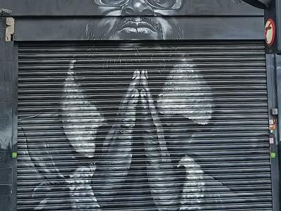 Photorealistic portrait shutter — Street art in London