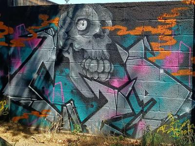 Grey Skull on Turquoise Breeze Blocks — Street art in Nantes