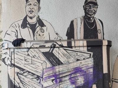 Two Workers Carrying Crates — Street art in Grenoble