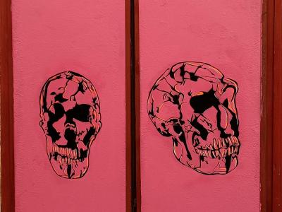 Deux crânes sur porte rose — Street art à Madrid