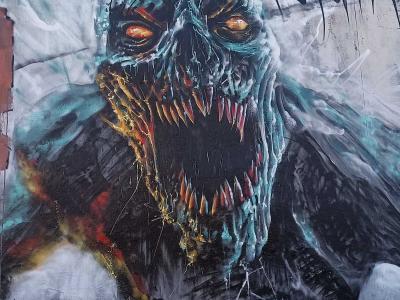 Blue Demon with Sharp Fangs, Hyperrealistic — Street art by Ben Alpha in Nantes